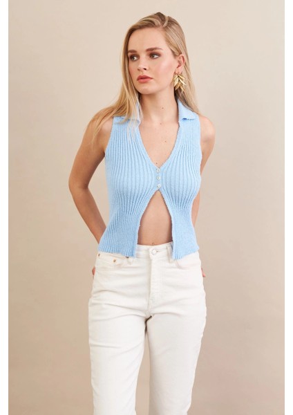 Kadın Mavi Polo Yaka Yumoş Yelek ZH050