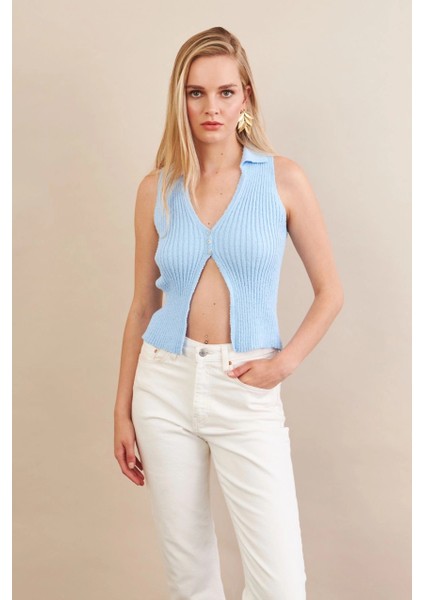 Kadın Mavi Polo Yaka Yumoş Yelek ZH050