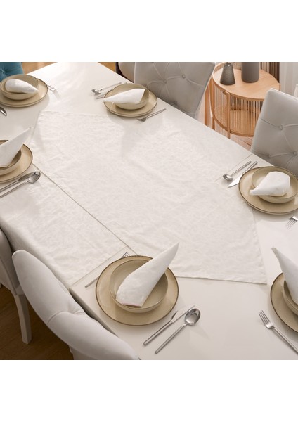 Çiçek Desenli 2 Parça Beyaz Sofra Sunum Seti 1 Adet Üçgen Runner 50x150 cm - 1 Adet Dikdörtgen Runner 50x150 cm