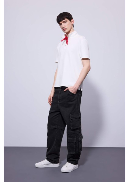 Baggy Geniş Kalıp Normal Bel Geniş Paça Kargo Cepli Jean Pantolon