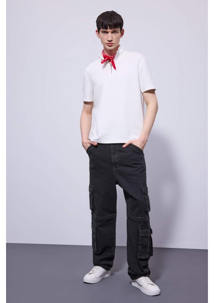 Baggy Geniş Kalıp Normal Bel Geniş Paça Kargo Cepli Jean Pantolon