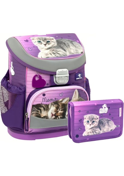Hafif (900 Gr) Ortopedik Okul Çantası ve Kalemlik 2’li Set - Mor Kedicik Desenli