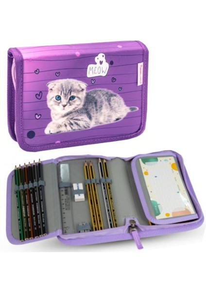 Hafif (900 Gr) Ortopedik Okul Çantası ve Kalemlik 2’li Set - Mor Kedicik Desenli fırsatları