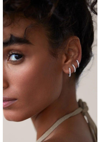 Taşlı Minimal Halka Küpe Seti 3 Parça Gümüş Renkli