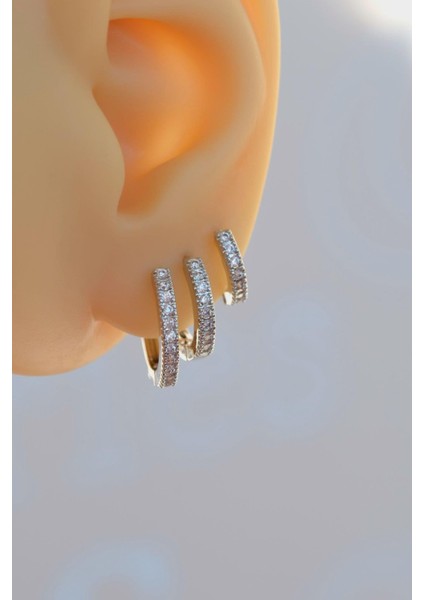 Taşlı Minimal Halka Küpe Seti 3 Parça Gümüş Renkli fırsatları