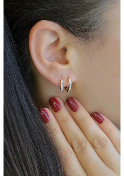 Taşlı Küçük Halka Küpe Rose Gold