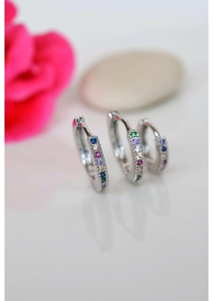 Multicolor Renkli İnce Halka Küpe Seti 3 Parça Gümüş Renkli