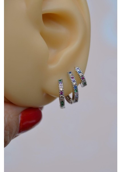 Multicolor Renkli İnce Halka Küpe Seti 3 Parça Gümüş Renkli fiyatları