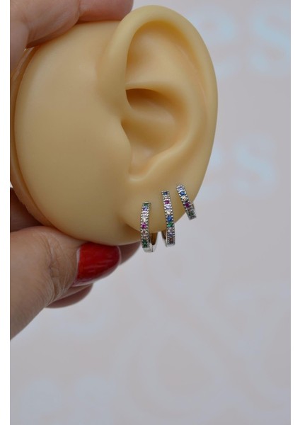 Multicolor Renkli İnce Halka Küpe Seti 3 Parça Gümüş Renkli modelleri