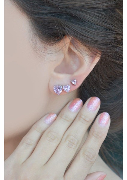 Pembe Kalpli Üçlü Küpe Seti Gold Rengi