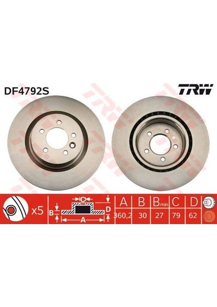 DF4792S Fren Dıskı On Range Rover Sport Dıscovery 4 3.0-3.6-4.2-5.0 Havalı 360MM