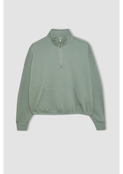 Fit Crop Dik Yaka Etek Ucu Lastikli Basic Düz Sporcu Sweatshirt C3747AX24SP