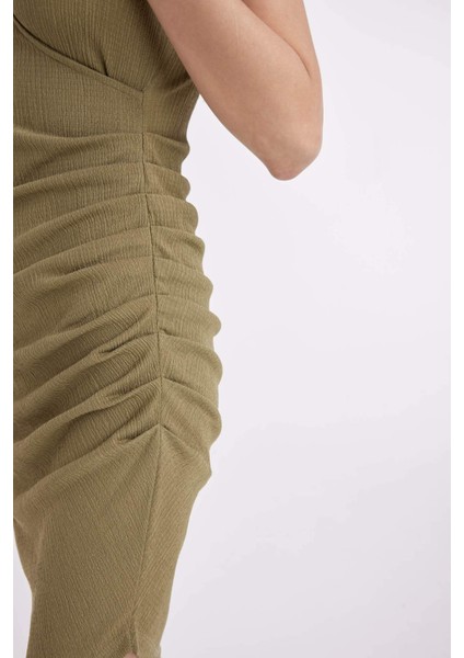 Bodycon Vücudu Saran V Yaka Drapeli Bürümcük Askılı Midi Abiye Elbise A8880AX24HS
