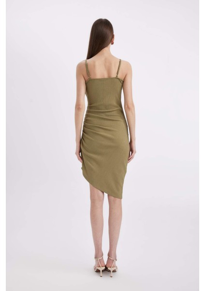 Bodycon Vücudu Saran V Yaka Drapeli Bürümcük Askılı Midi Abiye Elbise A8880AX24HS