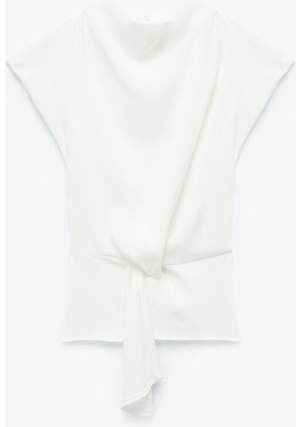 Kap Kol Düğüm Detaylı Dik Yaka Bluz