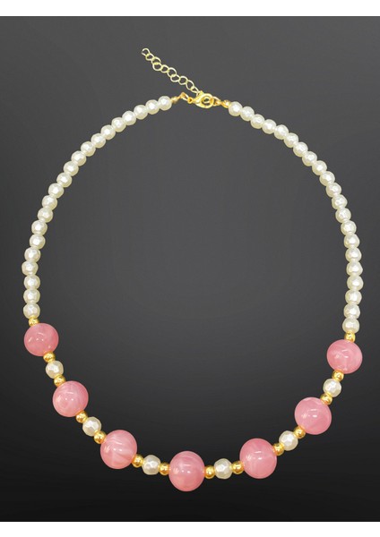 Yedi Pembe Top Model Gold Beyaz Renk Cam Boncuk Kaliteli Inci Kolye