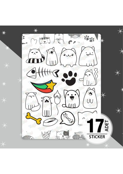 Kedi Sticker Seti, Sevimli Kediler Sticker Seti, 17 Adet Kedi Etiket