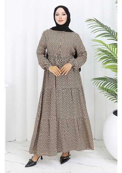 Beli Büzgülü Yarım Düğmeli Elbise 0110-02 Vizon