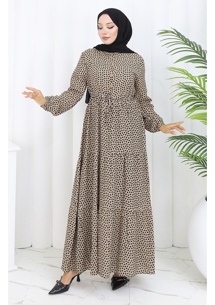 Beli Büzgülü Yarım Düğmeli Elbise 0110-02 Vizon fiyatları