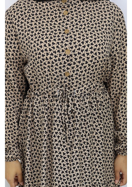 Beli Büzgülü Yarım Düğmeli Elbise 0110-02 Vizon fırsatları