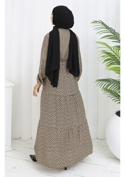 Beli Büzgülü Yarım Düğmeli Elbise 0110-02 Vizon indirimleri