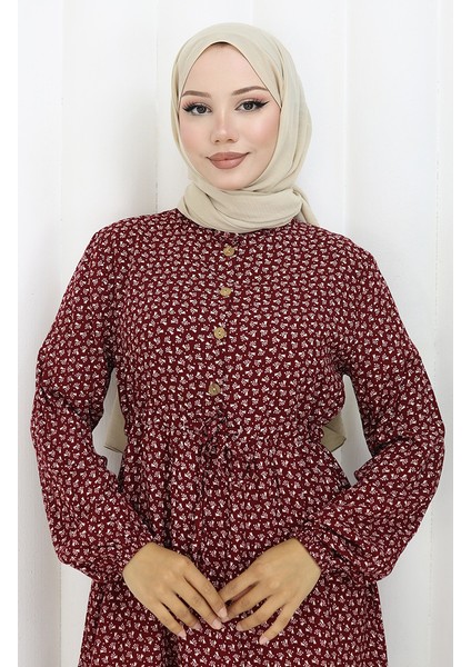 Beli Büzgülü Yarım Düğmeli Elbise 0110-05 Bordo modelleri