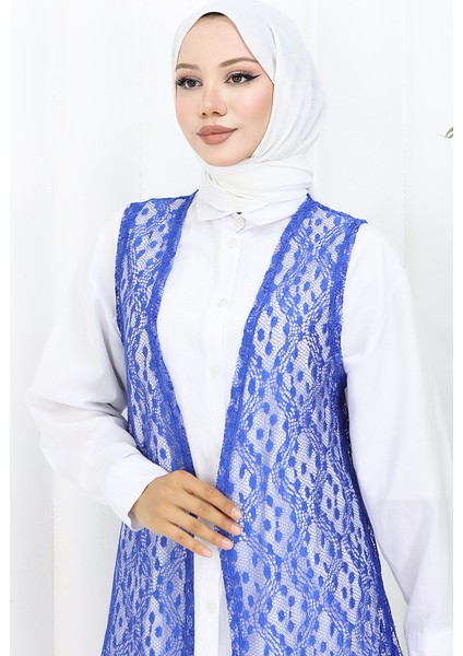 Yumuşacık Dantelli Uzun Yelek Mevsimlik Yelek Büyük Beden Yelek 8761-04 Saks modelleri