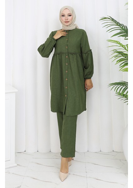 Büzgülü Düğmeli Tunik Pantolon Ikili Takım 0115-01 Haki