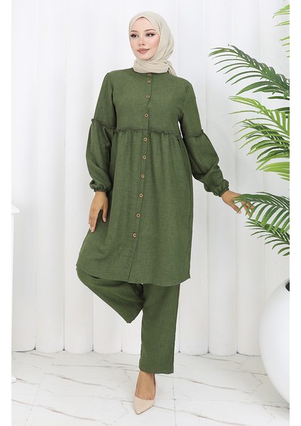 Büzgülü Düğmeli Tunik Pantolon Ikili Takım 0115-01 Haki fiyatları