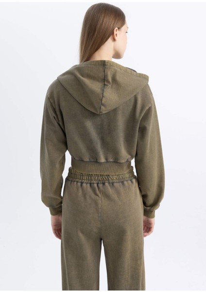 Coool Crop Kapüşonlu Baskılı Soluk Yıkama Efektli Kalın Fermuarlı Sweatshirt C4475AX24SP