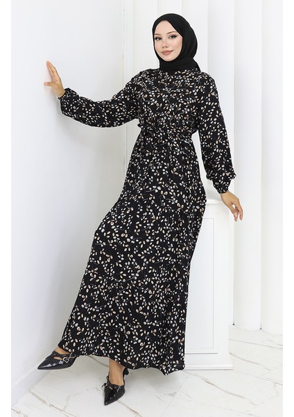 Çiçek Desenli Viskon Elbise 0113-02 Siyah