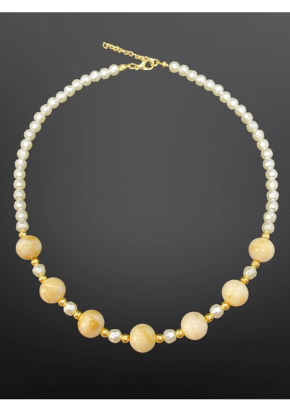 Yedi Bal Köpügü Top Model Gold Beyaz Renk Cam Boncuk Kaliteli Inci Kolye