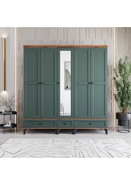 Monzıo Silva 5 Kapaklı Çekmeceli Gardırop Tamamı Mdf (Yeşil)