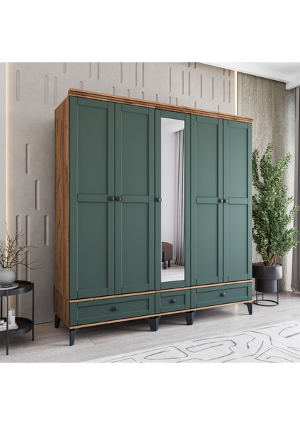 Monzıo Silva 5 Kapaklı Çekmeceli Gardırop Tamamı Mdf (Yeşil)
