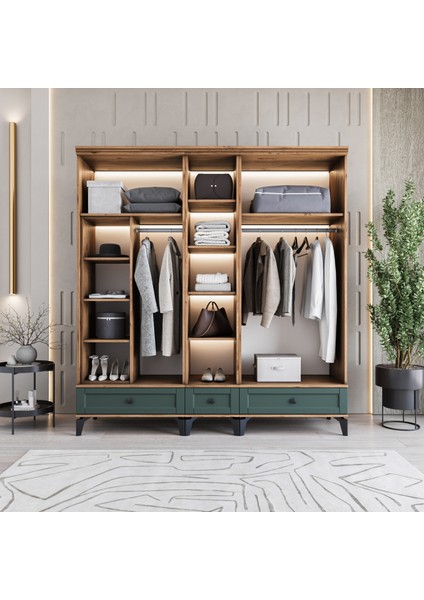 Monzıo Silva 5 Kapaklı Çekmeceli Gardırop Tamamı Mdf (Yeşil)
