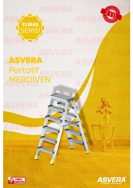Elmas Serisi - 6+6 Alüminyum Çift Çıkışlı Merdiven - 6 Basamaklı Ev, Bahçe ve İş Yeri Kullanımına Uygun