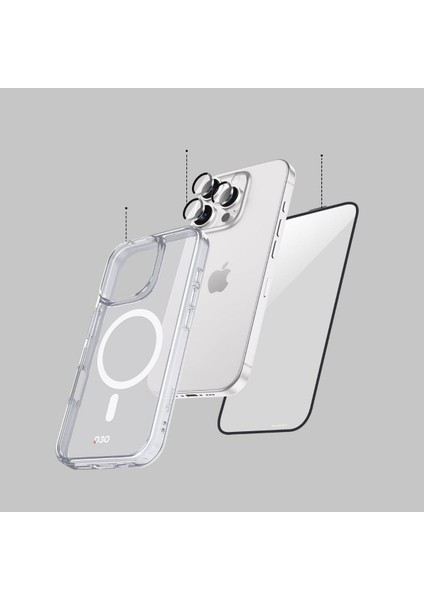 iPhone 16 Pro Max Magsafe Şeffaf Kılıf + Esd Cam Ekran Koruyucu + Kamera Lens Koruyucu (Beyaz)