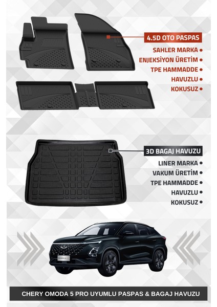 Omoda 5 Pro Uyumlu 4.5d Premium Havuzlu Oto Paspas ve Liner Marka 3D Bagaj Havuzu