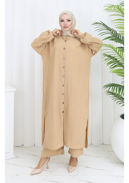 Bürümcük Kumaş Tunik Pantolon Ikili Takım 2093-01 Sütlü Kahve