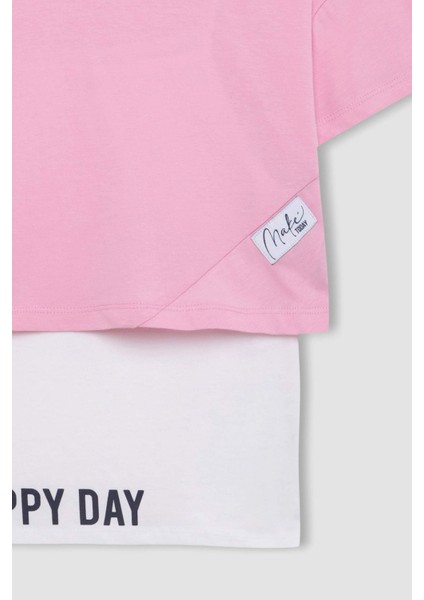 Kız Çocuk 2'li Takım Oversize Geniş Kalıp Bisiklet Yaka Baskılı Kısa Kollu Tişört Askılı Atlet