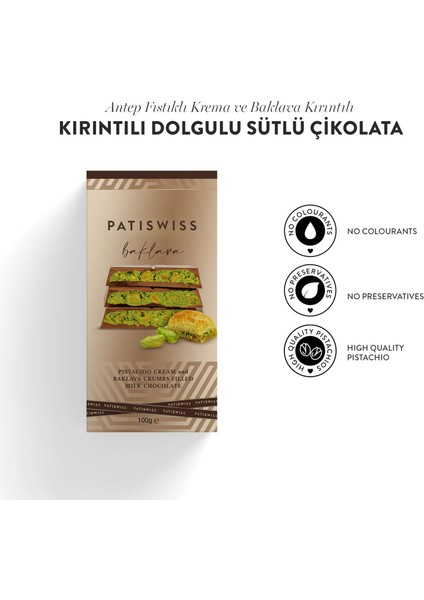Antep Fıstıklı Krema ve Baklava Kırıntılı Sütlü Çikolata, 100 gr modelleri