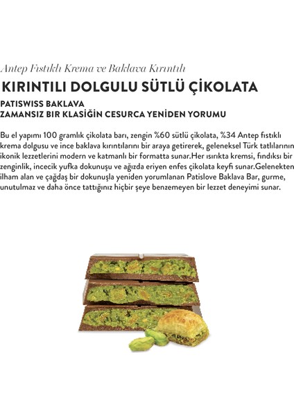Antep Fıstıklı Krema ve Baklava Kırıntılı Sütlü Çikolata, 100 gr indirimleri