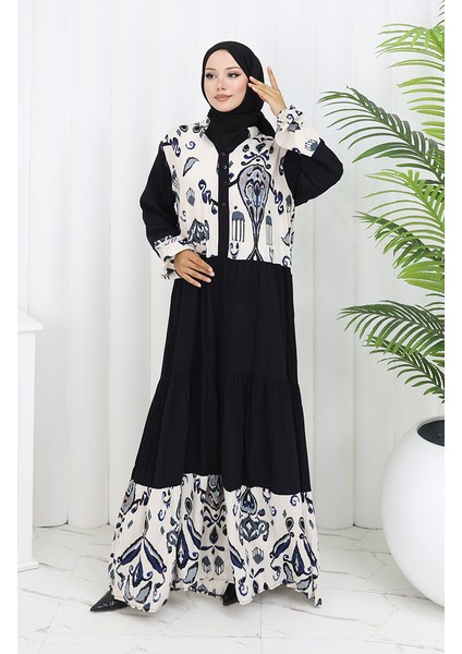 Farbali Garnili Viskon Elbise 994587A-04 Siyah Indigo