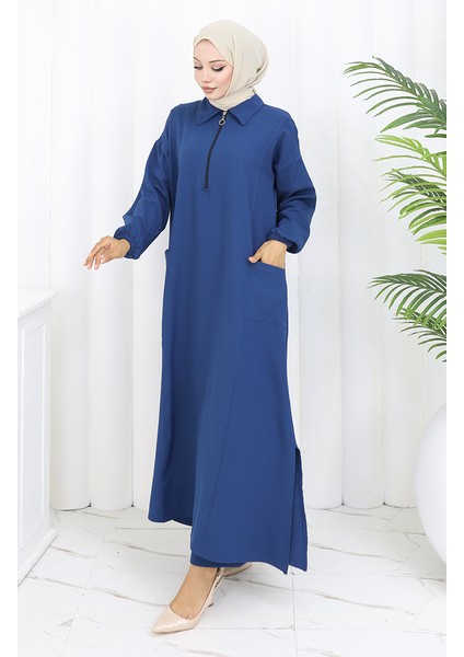 Double Kumaş Uzun Tunik Pantolon Ikili Takım 0034-07 Lacivert