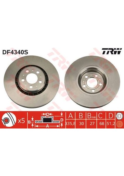 DF4340S Ön Fren Diski Havalı Volvo Xc 90 2.5t D5 T6 02-17 Jant 336X30X5DL Havalı 30657301