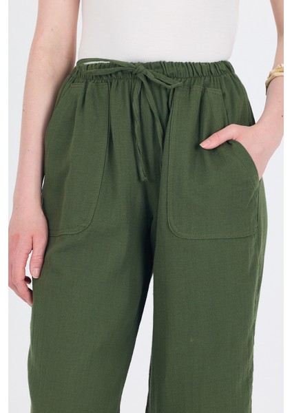 Haki Keten Görünümlü %100 Pamuk Cepli Bol Paça Pantolon 8054A fırsatları
