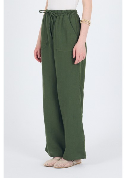 Haki Keten Görünümlü %100 Pamuk Cepli Bol Paça Pantolon 8054A indirimleri