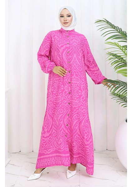 Boydan Düğmeli Viskon Elbise 2095-03 Fuşya