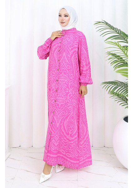 Boydan Düğmeli Viskon Elbise 2095-03 Fuşya fiyatları