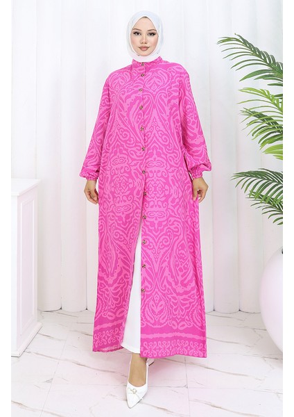 Boydan Düğmeli Viskon Elbise 2095-03 Fuşya modelleri